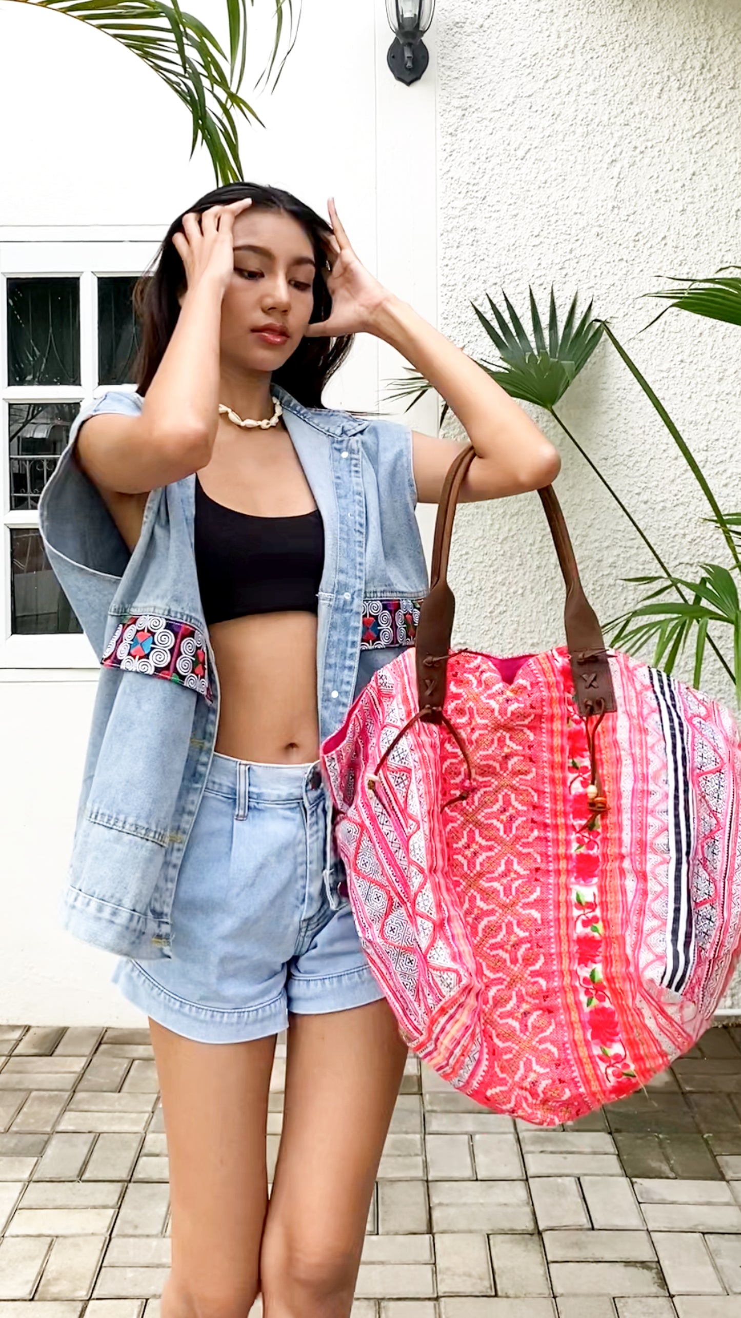 Denim Jacket with Snake Pattern Hmong Embroidery from Thailand