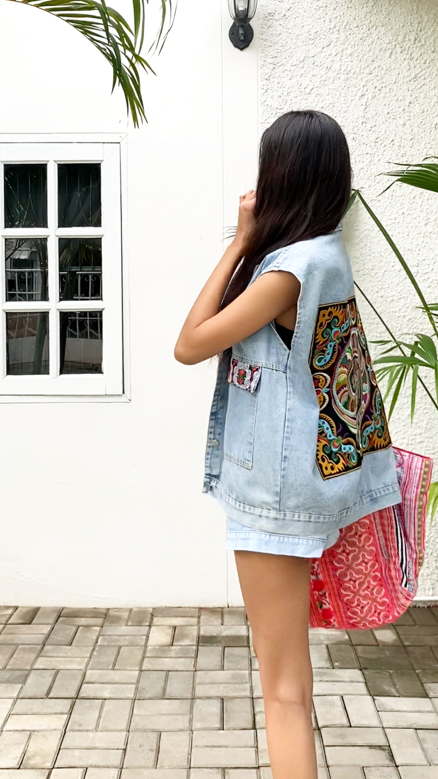 Denim Jacket with Snake Pattern Hmong Embroidery from Thailand