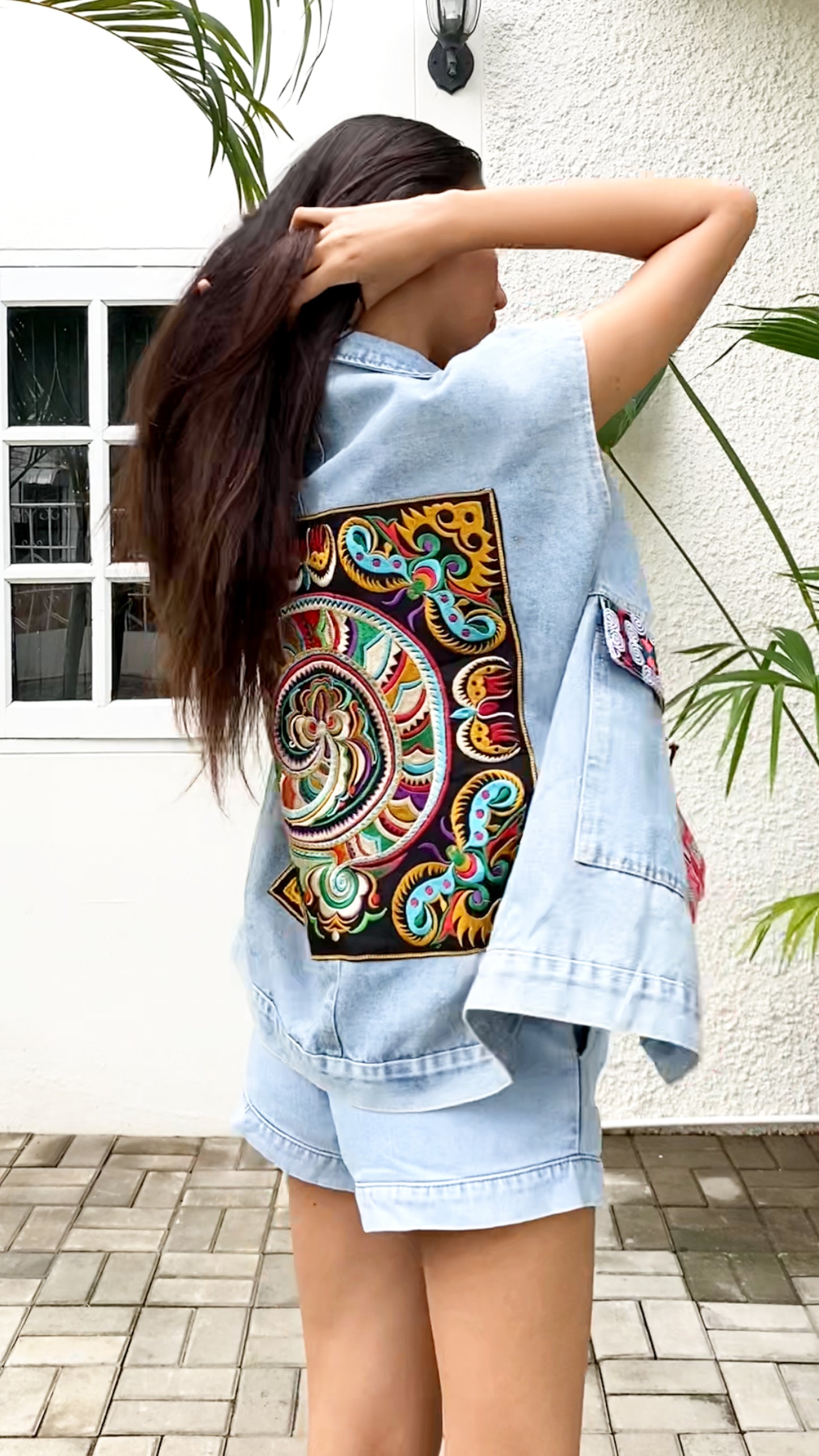 Denim Jacket with Snake Pattern Hmong Embroidery from Thailand