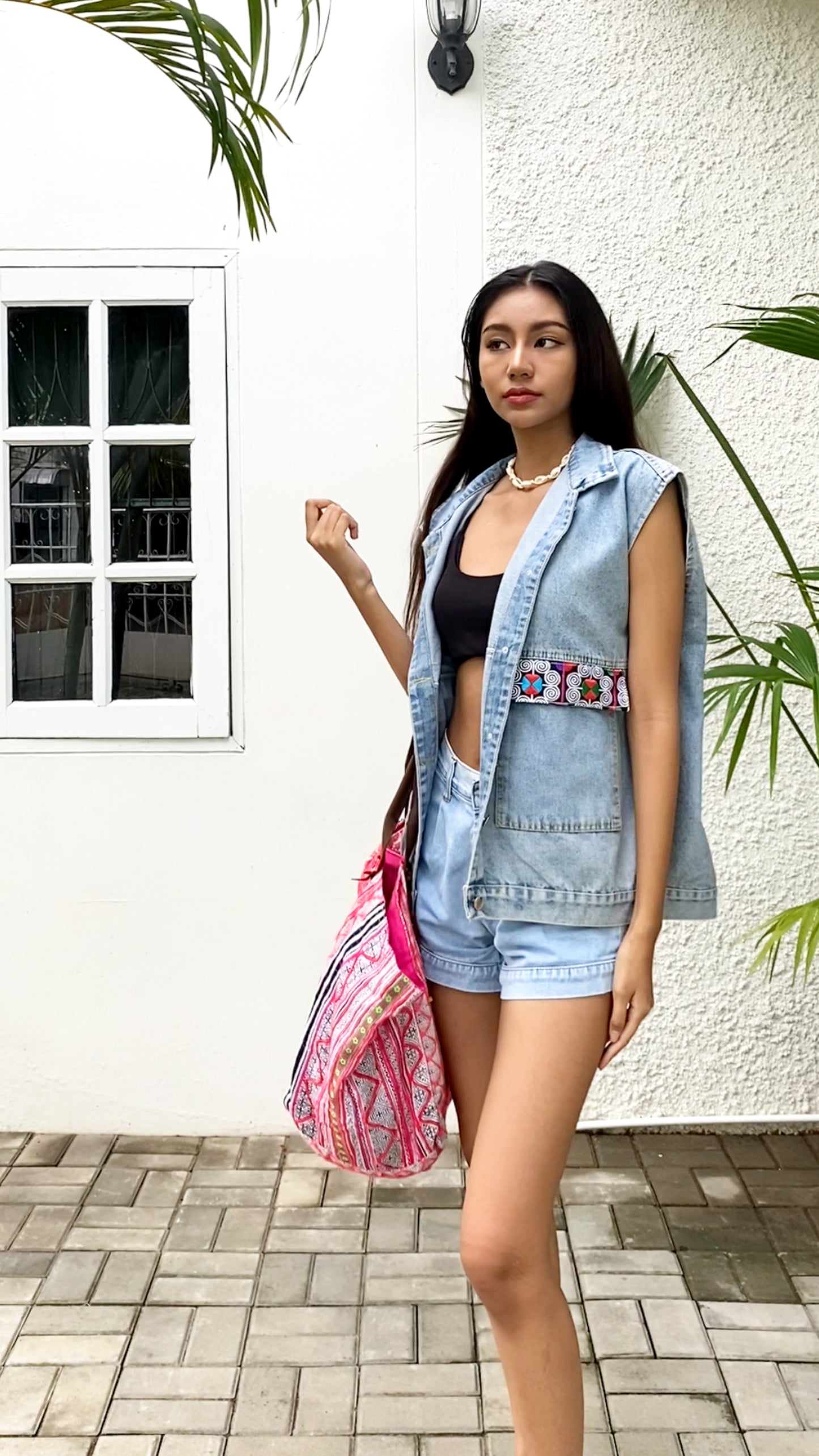 Denim Jacket with Snake Pattern Hmong Embroidery from Thailand
