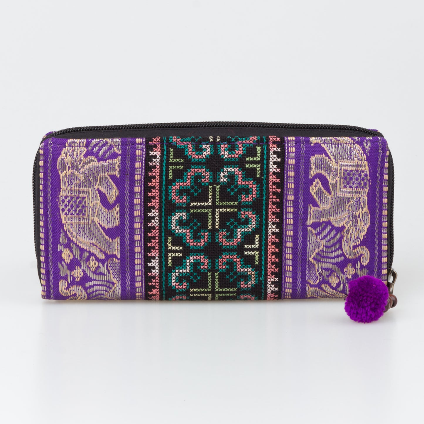 Elephant Embroidered Wallet with Pompom