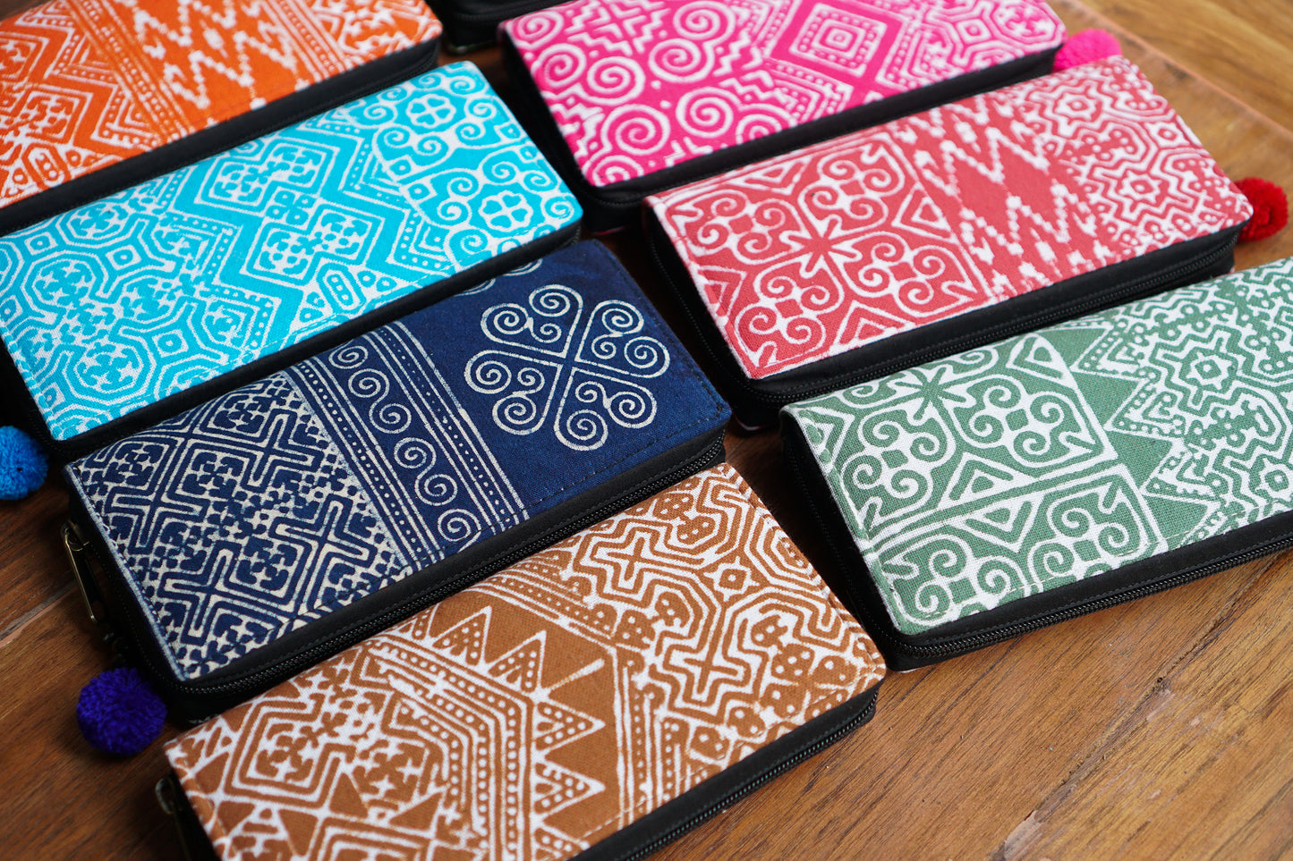 Hmong Batik Wallet for Women with Pom Pom