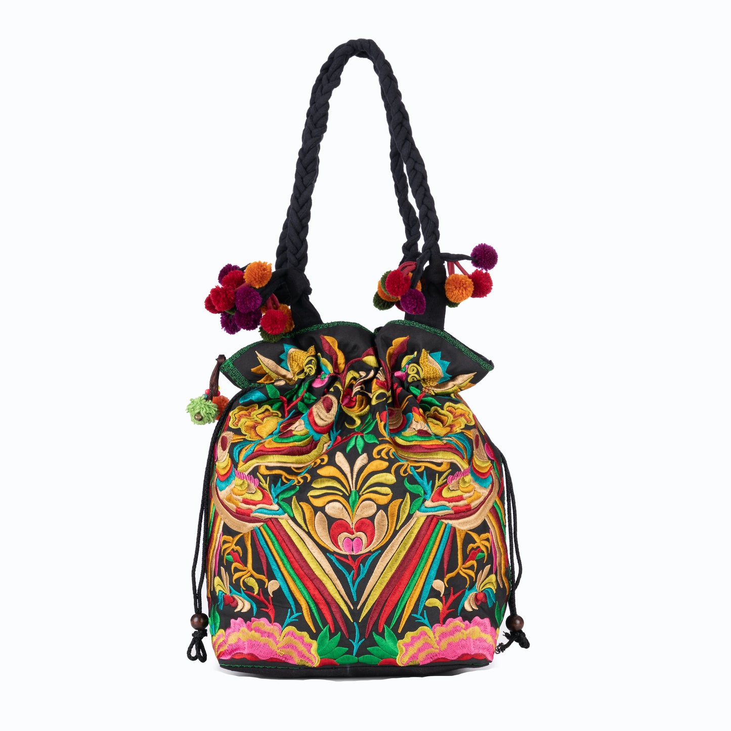 Drawstring Tote Bag with Hmong Tribe Embroidery