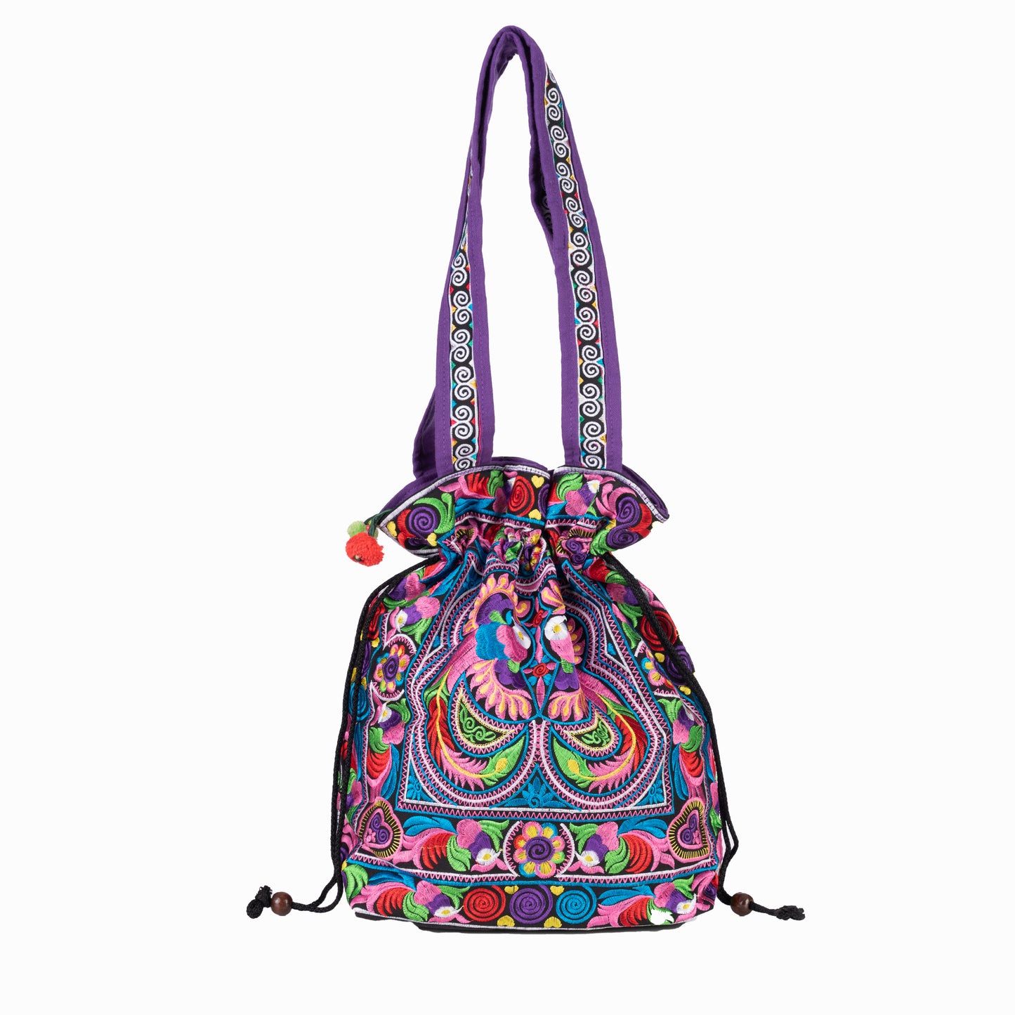 Drawstring Tote Bag with Hmong Tribe Embroidery