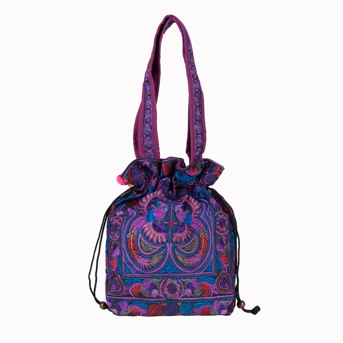 Drawstring Tote Bag with Hmong Tribe Embroidery
