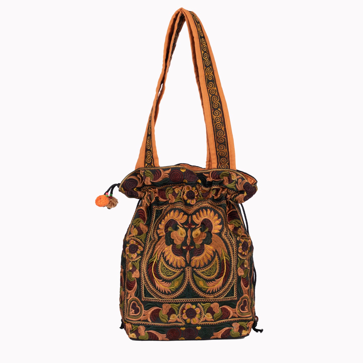 Drawstring Tote Bag with Hmong Tribe Embroidery