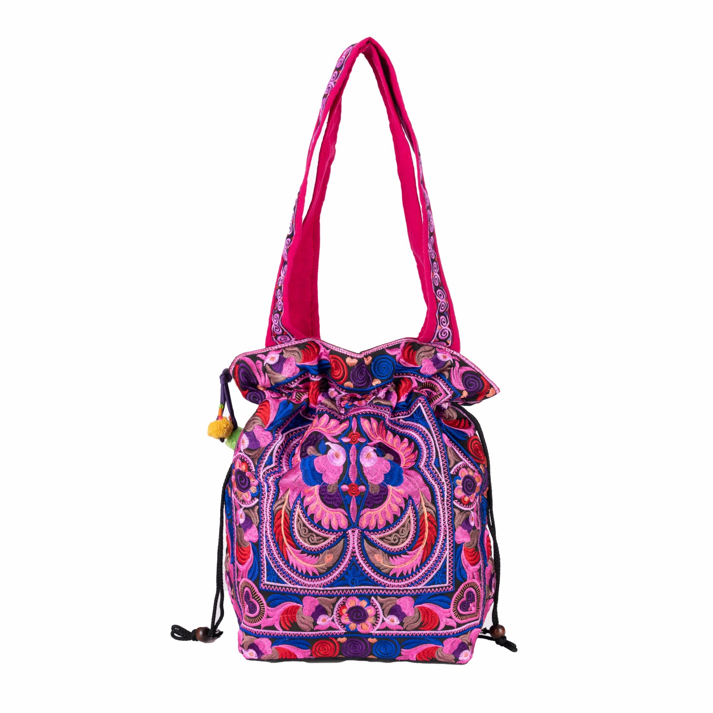 Drawstring Tote Bag with Hmong Tribe Embroidery
