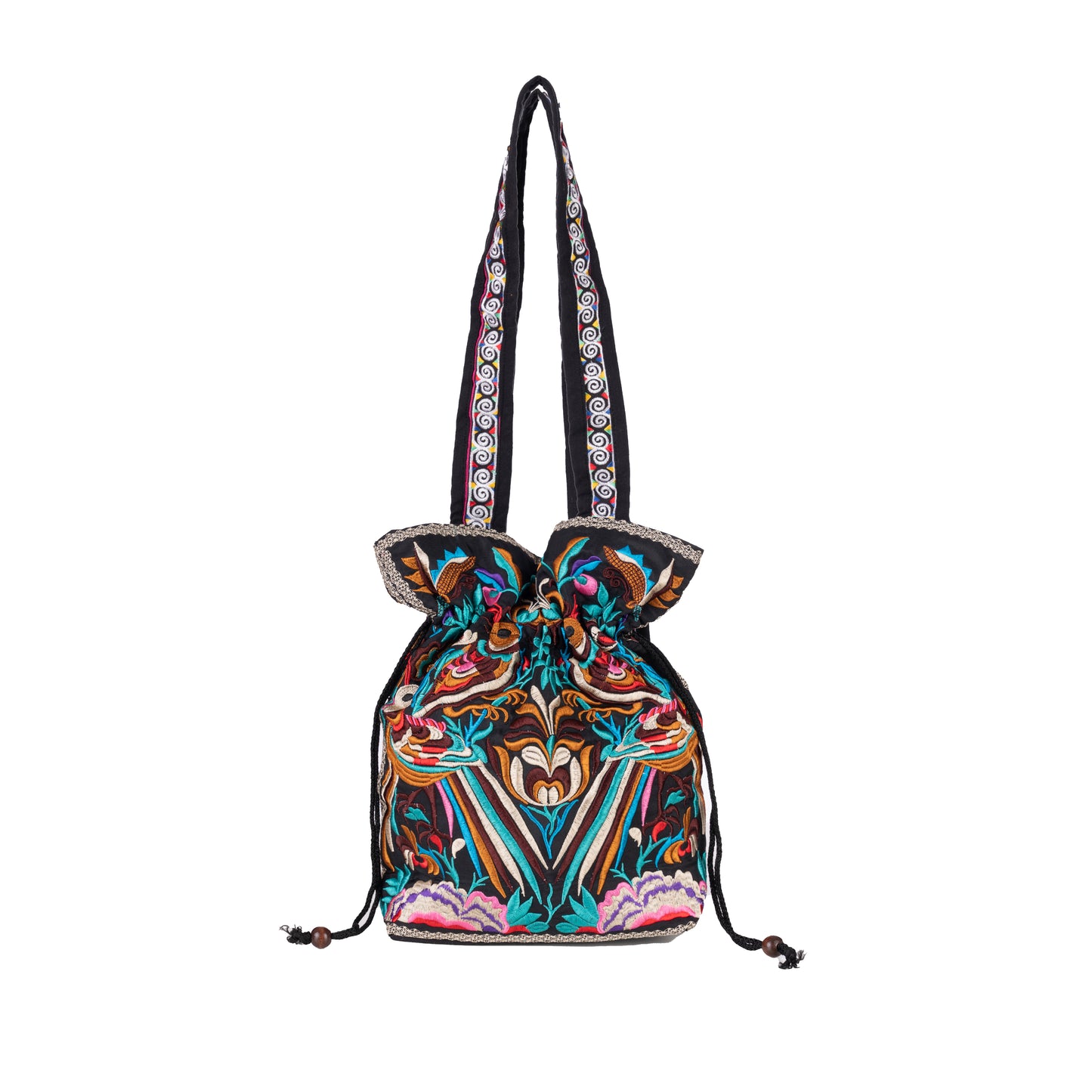 Drawstring Tote Bag with Hmong Tribe Embroidery