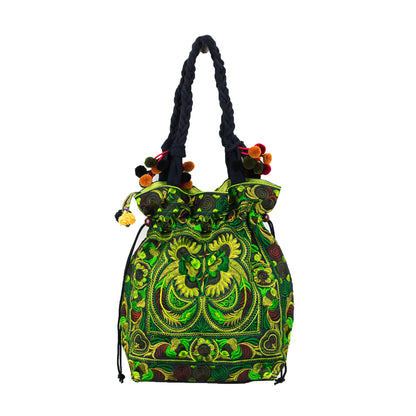 Drawstring Tote Bag with Hmong Tribe Embroidery