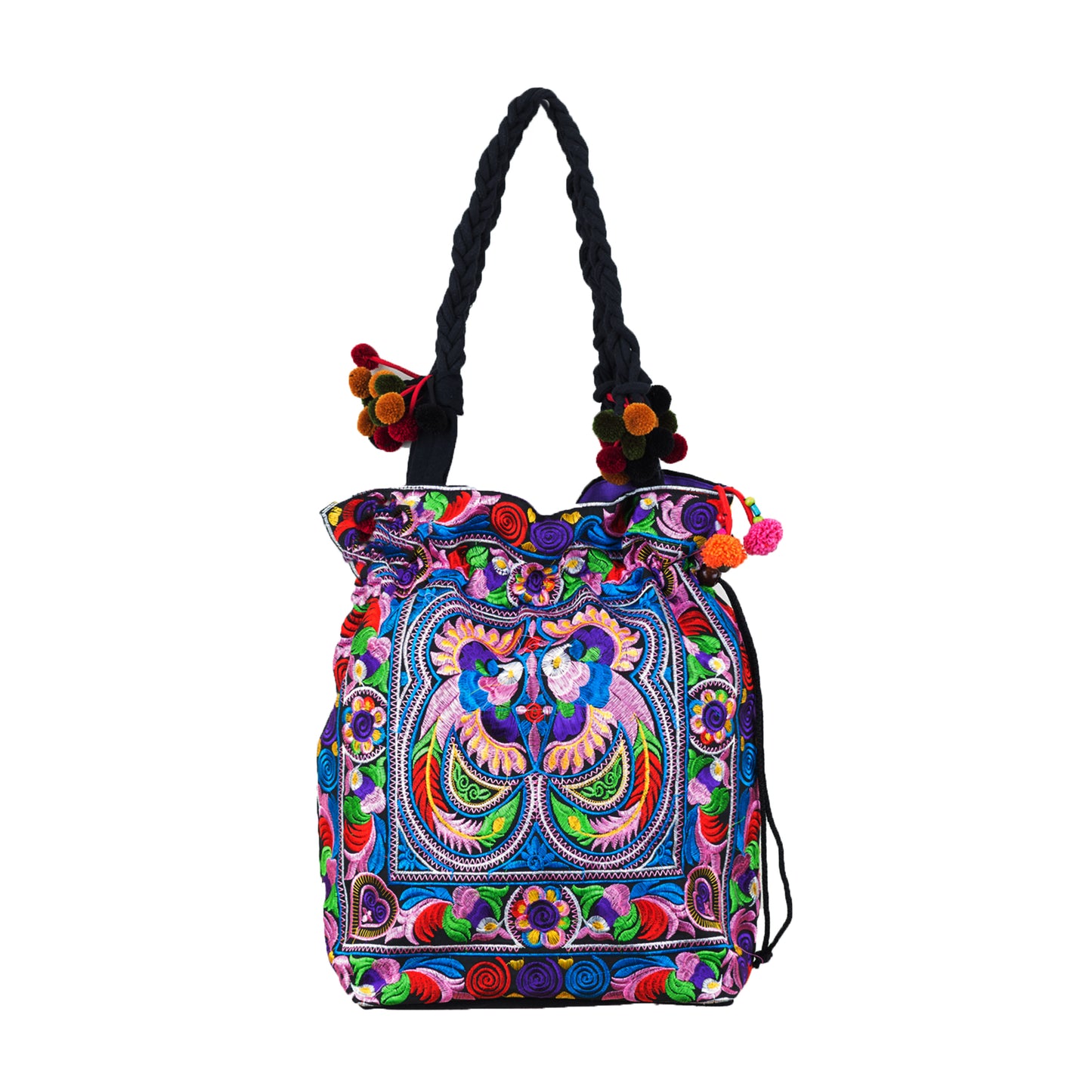 Drawstring Tote Bag with Hmong Tribe Embroidery