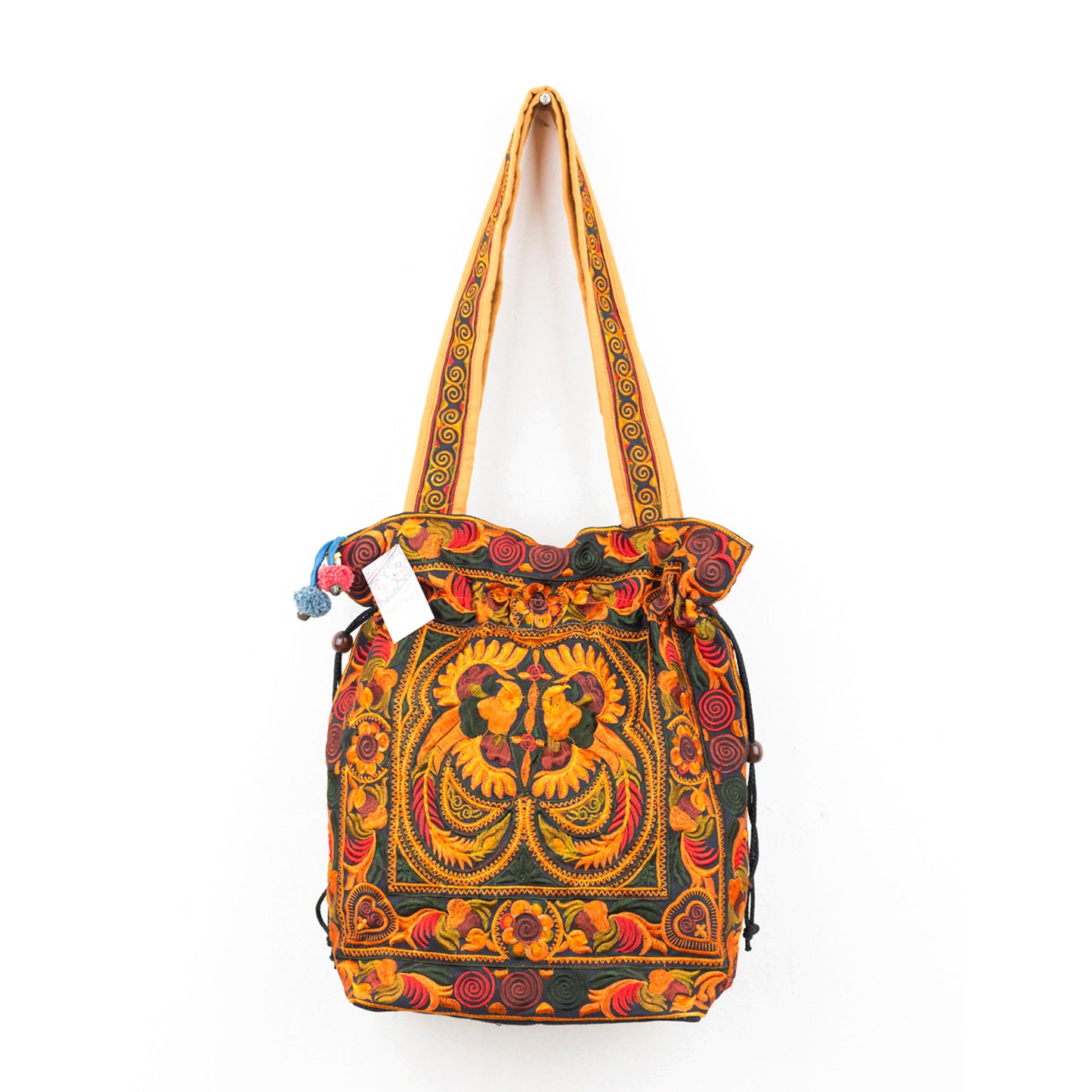 Drawstring Tote Bag with Hmong Tribe Embroidery