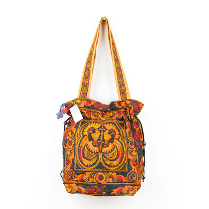 Drawstring Tote Bag with Hmong Tribe Embroidery