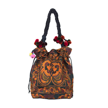 Drawstring Tote Bag with Hmong Tribe Embroidery
