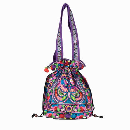 Drawstring Tote Bag with Hmong Tribe Embroidery