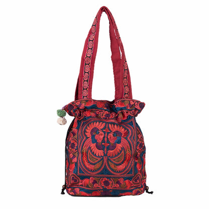 Drawstring Tote Bag with Hmong Tribe Embroidery