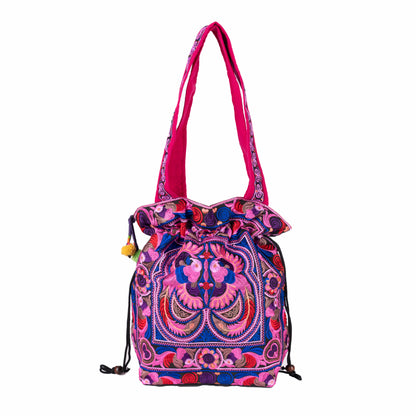Drawstring Tote Bag with Hmong Tribe Embroidery