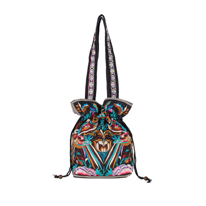 Drawstring Tote Bag with Hmong Tribe Embroidery