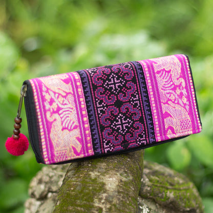 Elephant Embroidered Wallet with Pompom