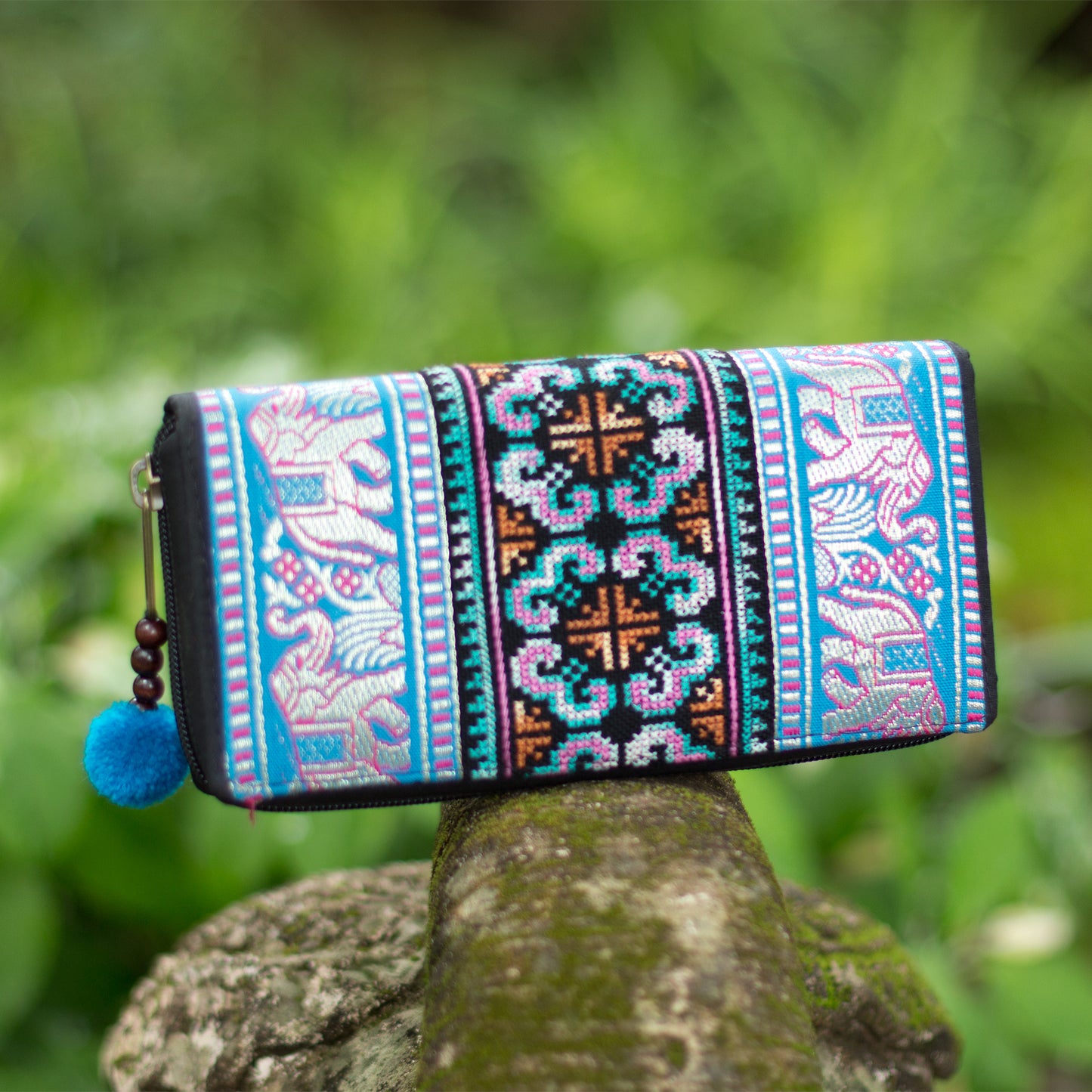 Elephant Embroidered Wallet with Pompom