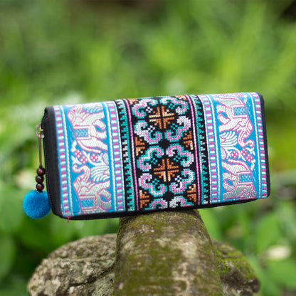 Elephant Embroidered Wallet with Pompom