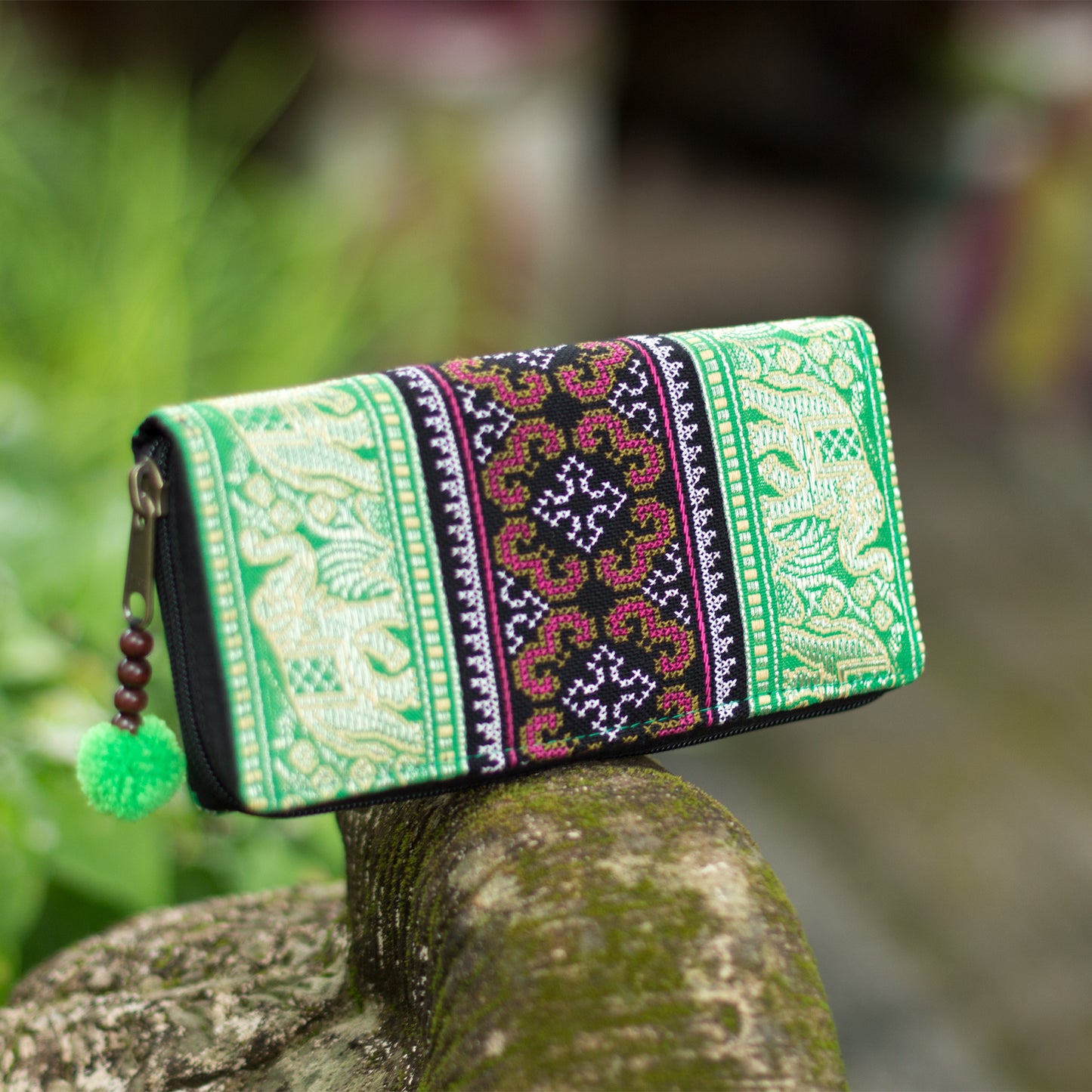 Elephant Embroidered Wallet with Pompom