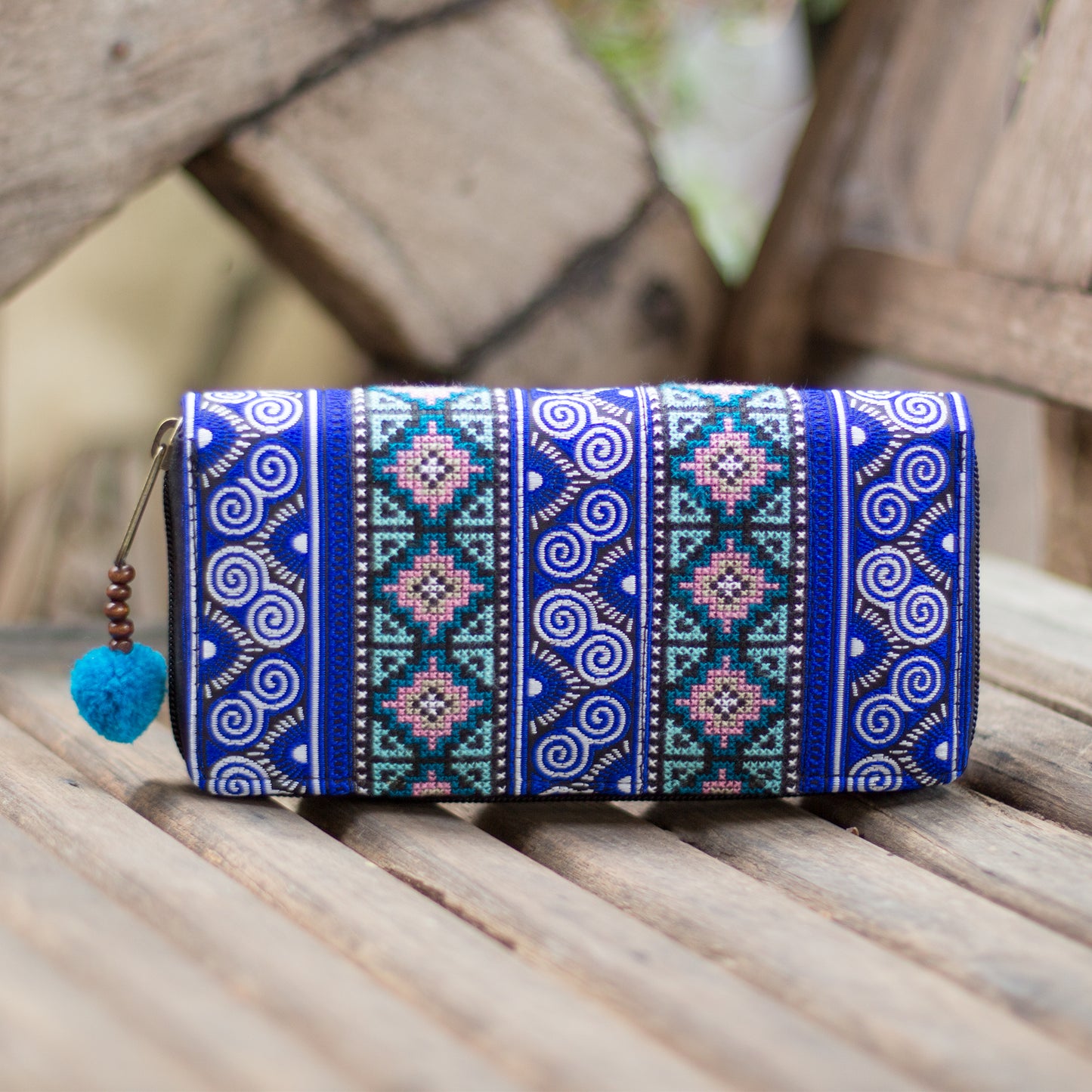 Spiral Hmong Embroidered Wallet with Pompom