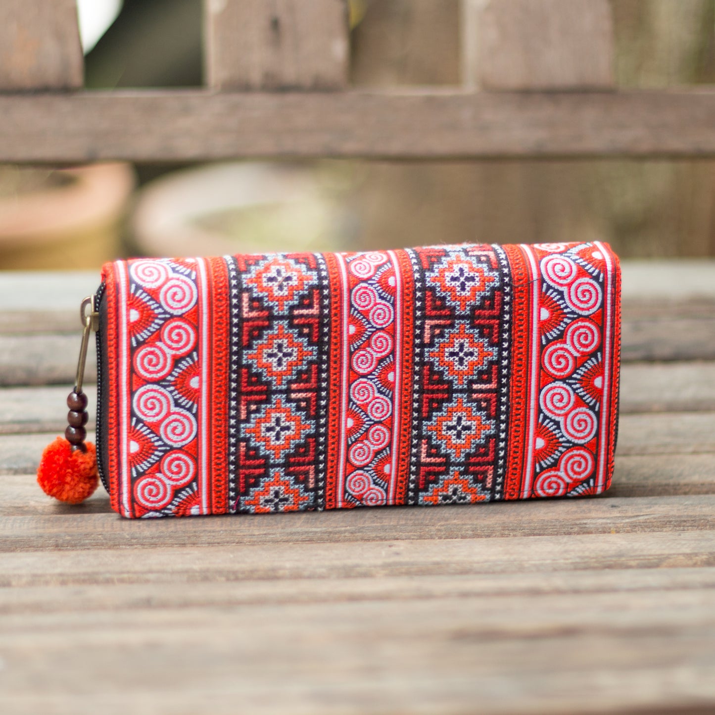Spiral Hmong Embroidered Wallet with Pompom