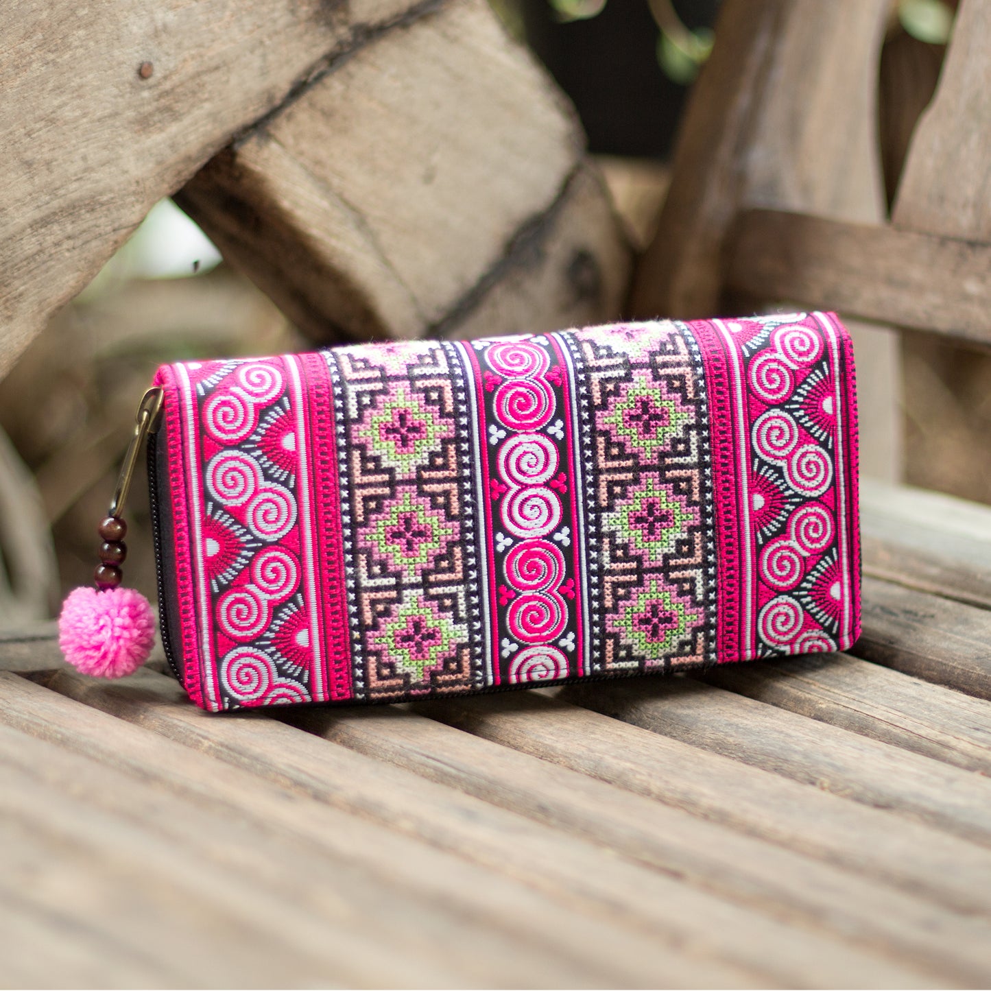 Spiral Hmong Embroidered Wallet with Pompom