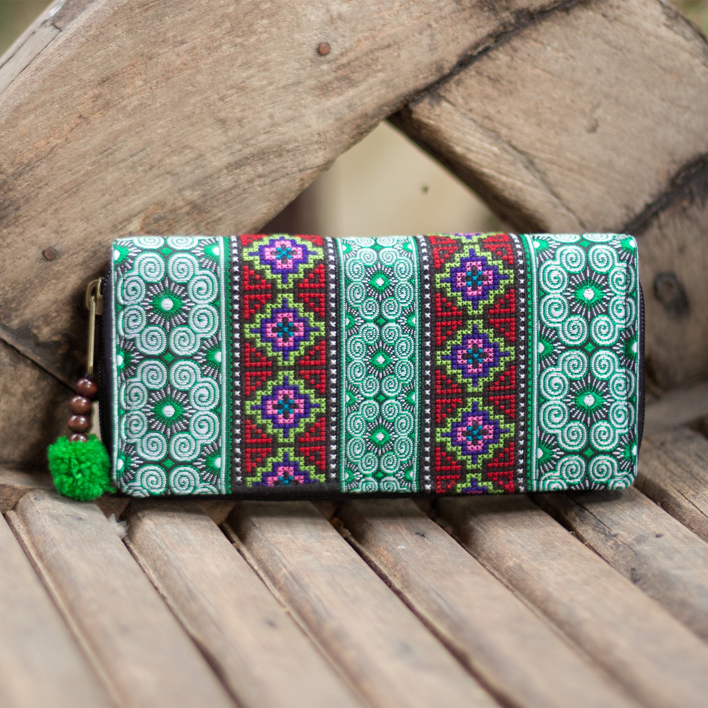 Spiral Hmong Embroidered Wallet with Pompom