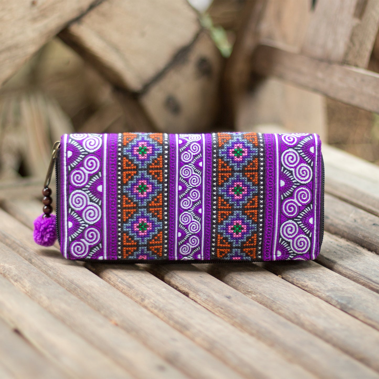 Spiral Hmong Embroidered Wallet with Pompom