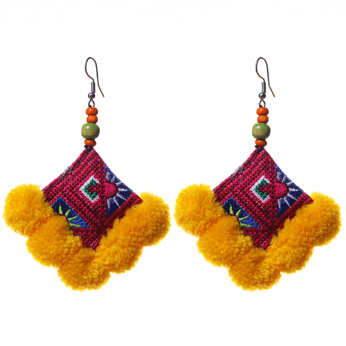 Pompoms Earrings with Hmong Tribe Embroidery