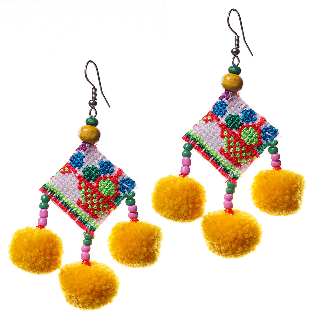 Pompoms Earrings with Hmong Tribe Embroidery