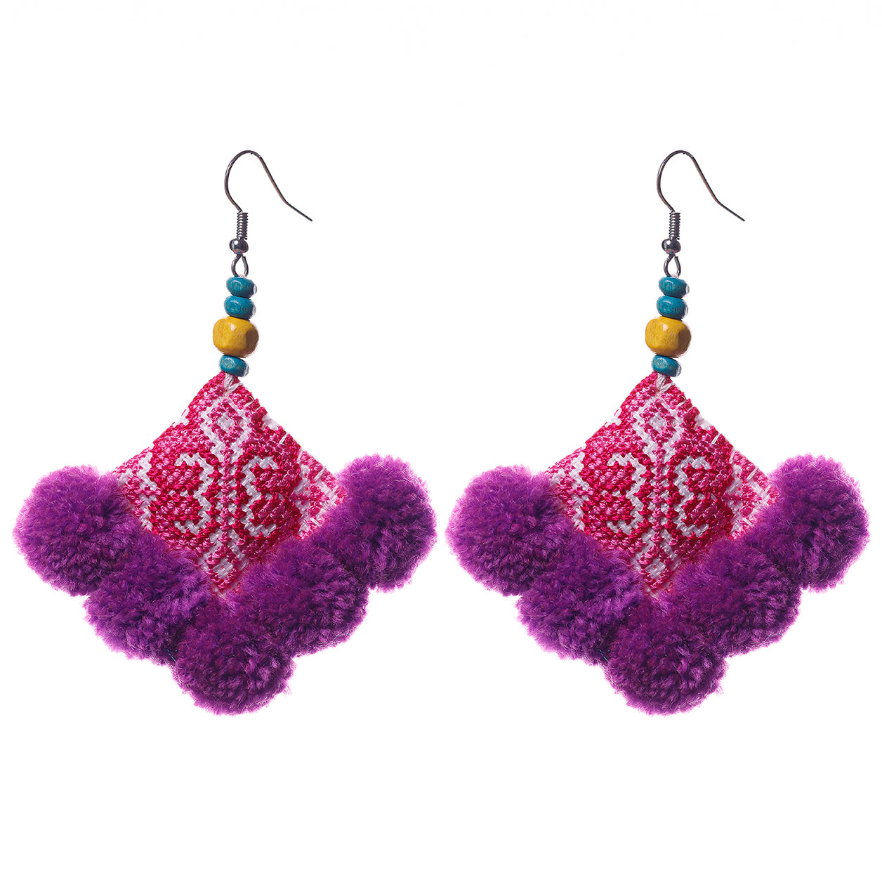 Pompoms Earrings with Hmong Tribe Embroidery