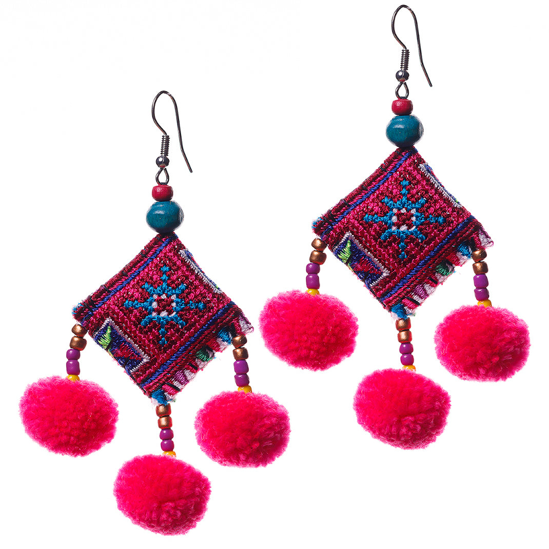 Pompoms Earrings with Hmong Tribe Embroidery