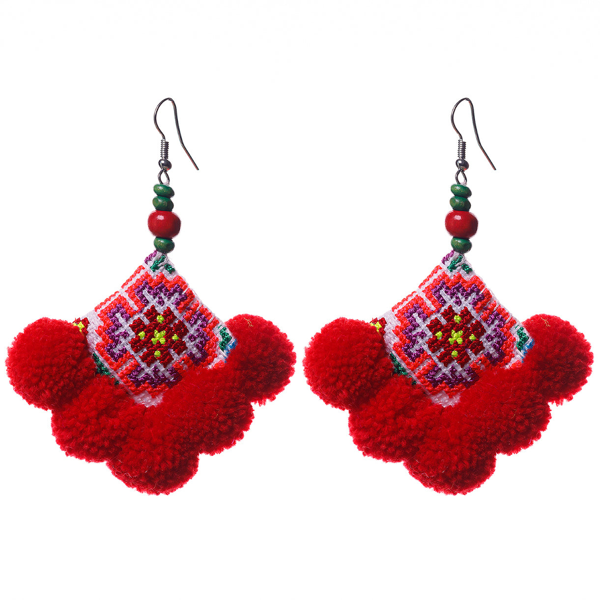 Pompoms Earrings with Hmong Tribe Embroidery