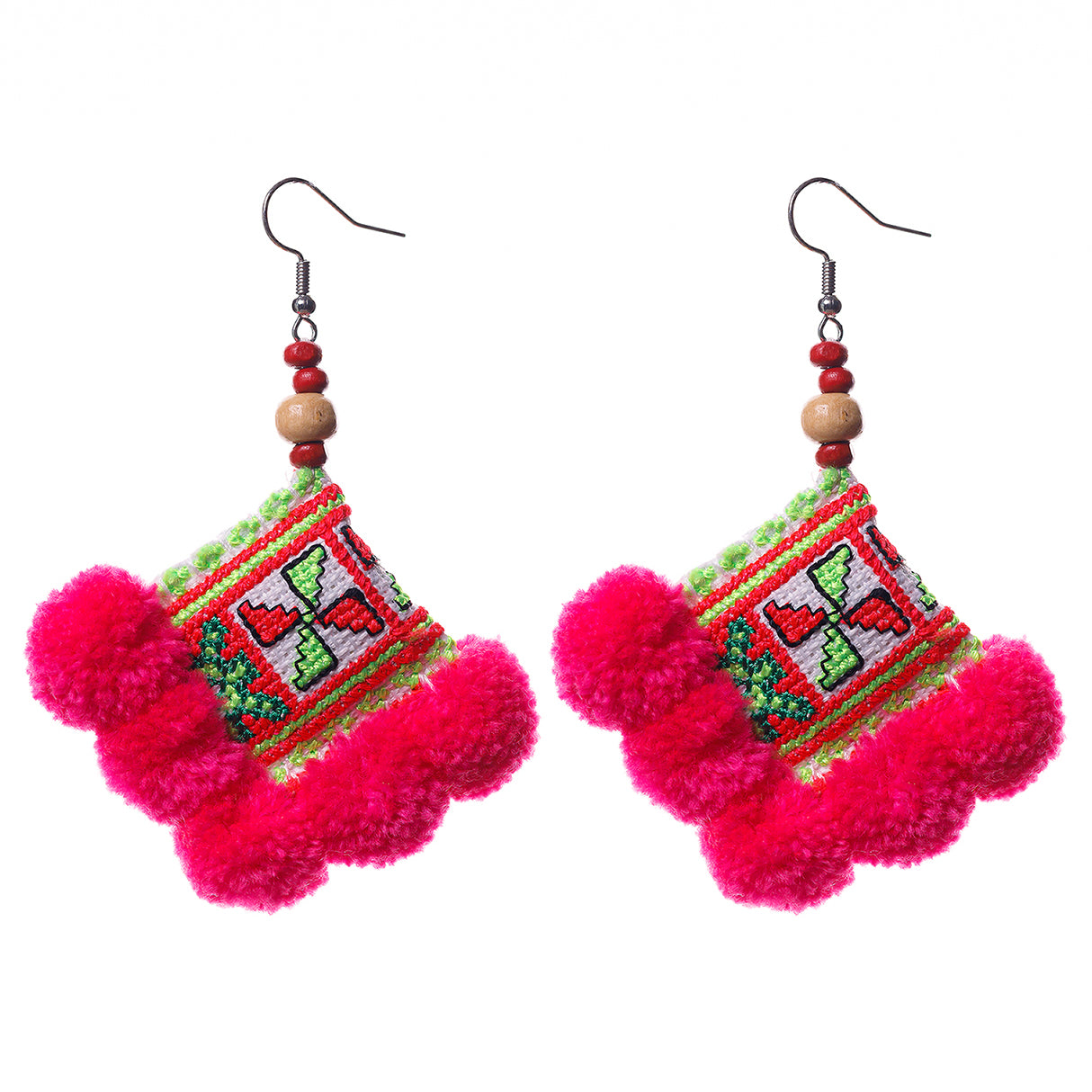 Pompoms Earrings with Hmong Tribe Embroidery