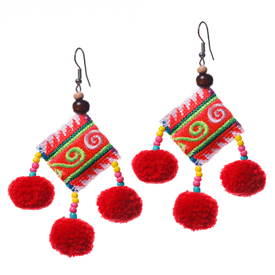 Pompoms Earrings with Hmong Tribe Embroidery